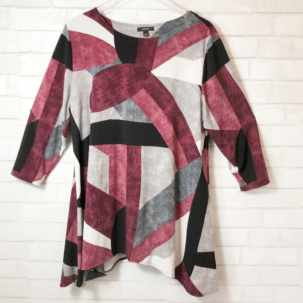 Alfani Maroon Red Gray & Black Geometric Blouse Women's Long Sleeve Large